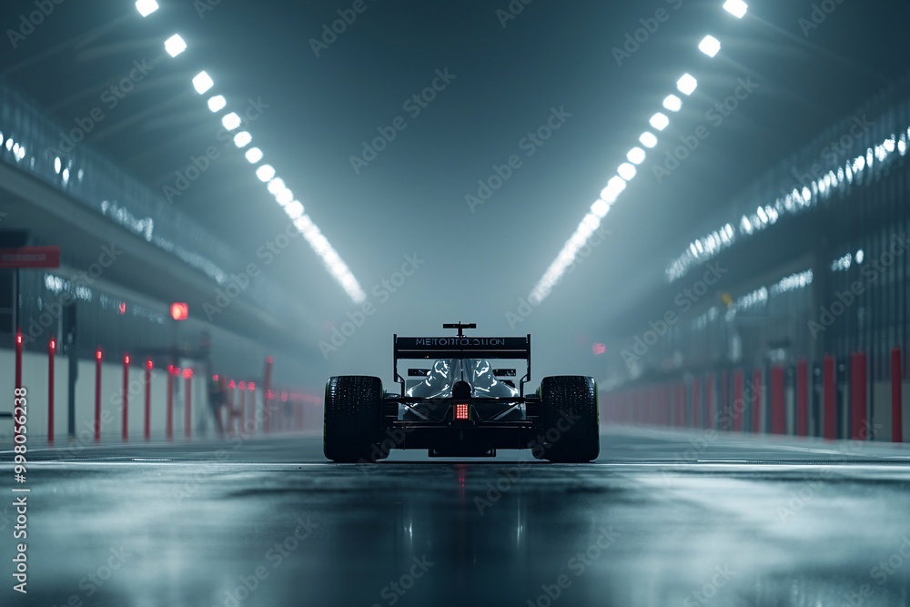 Fototapeta premium A distant view of a Formula 1 car parked under the race starting lights, which are turned off, symbolizing the end of an era. The background offers room for messaging or other elements.