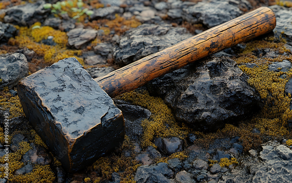 Fototapeta premium Forge's Might: Iron Hammer with Carved Handle on Earthy Ground
