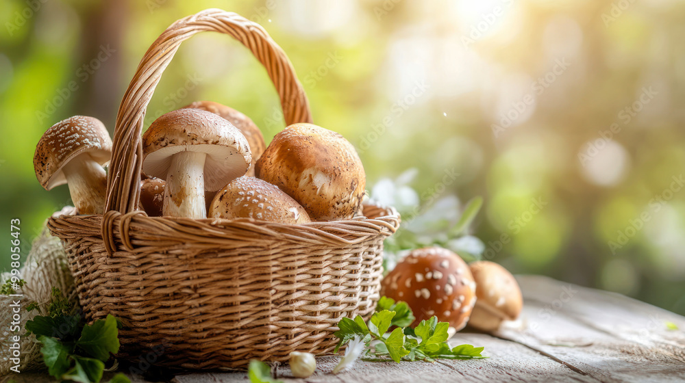 basket of porcini mushrooms in the wicker basket in grass in forest in sunligh. Copy space. Fresh organic eatable mushrooms collected in the forest. Autumn harvest. Side view. mushrooms season basket of porcini mushrooms in the wicker basket in grass in forest in sunligh. Copy space. Fresh organic eatable mushrooms collected in the forest. Autumn harvest. Side view. mushrooms season