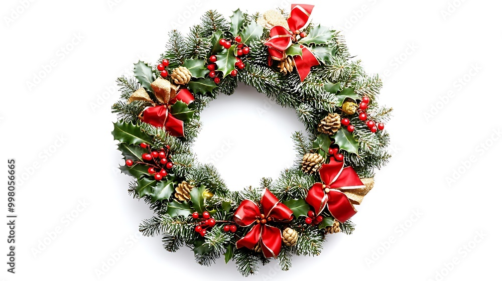 Christmas wreath with holly and ribbons on a blank white background Christmas wreath with holly and ribbons on a blank white background
