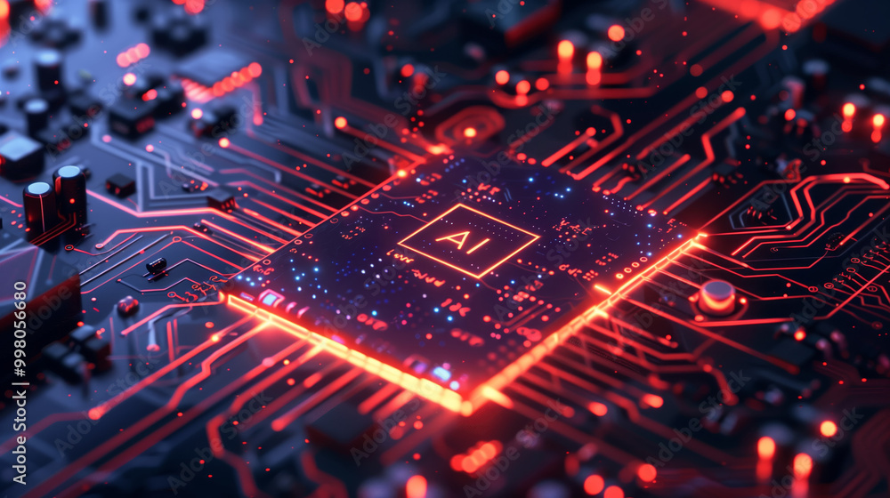 3d Close-up of an illuminated neon orange glowing AI Artificial Intelligence chip on a futuristic circuit board with neon lights. Technology innovation data science concept background computer datum 3d Close-up of an illuminated neon orange glowing AI Artificial Intelligence chip on a futuristic circuit board with neon lights. Technology innovation data science concept background computer datum