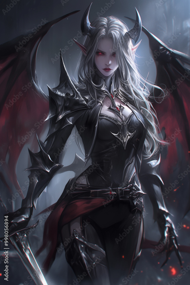 formidable female demon warrior in battle armor exudes a chilling aura in the dark formidable female demon warrior in battle armor exudes a chilling aura in the dark