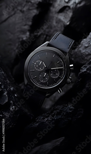 black mechanical watch, on black fabric