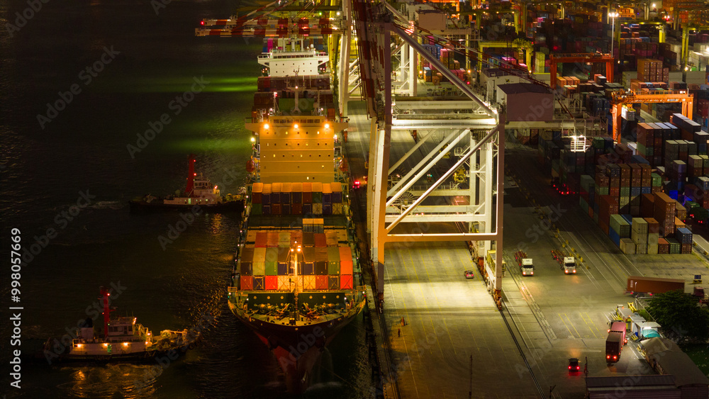 Tugboat pulling Container ship to Shipyard Cargo Container Sea Port ...