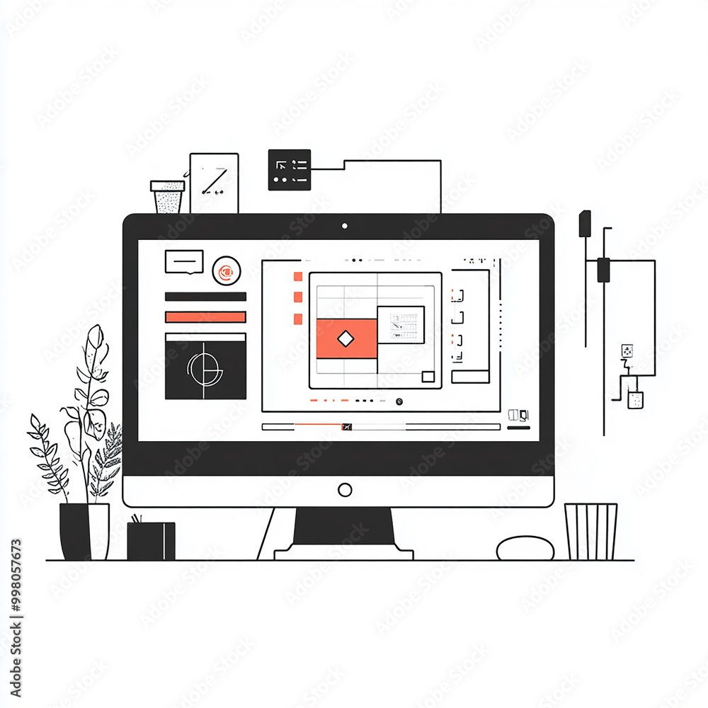 Flat style illustration of a programmer’s workspace on a white background Flat style illustration of a programmer’s workspace on a white background
