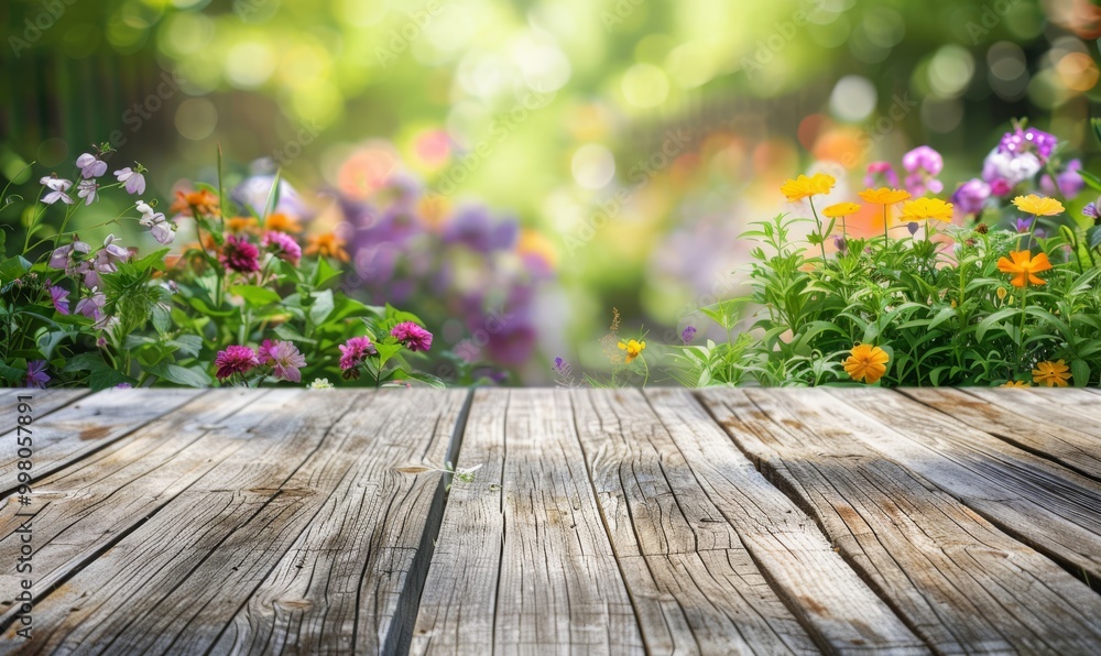 Wooden deck with planks and defocused flowers background. Copyspace for your promotional text Wooden deck with planks and defocused flowers background. Copyspace for your promotional text