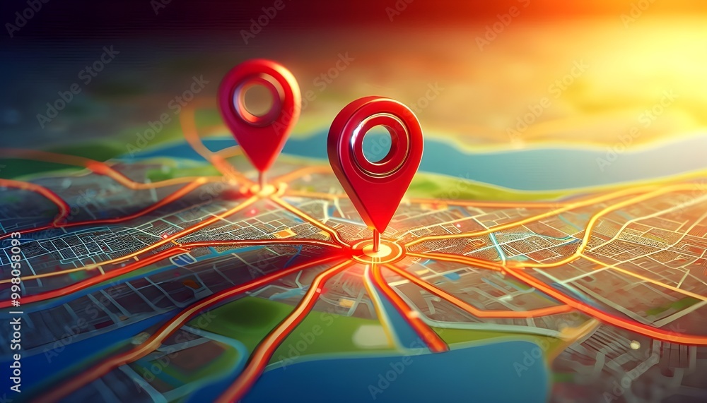 A detailed map displaying a specific location marked with two vibrant pins, symbolizing the starting and destination points in a GPS navigation system used for efficient route planning and guidance. A detailed map displaying a specific location marked with two vibrant pins, symbolizing the starting and destination points in a GPS navigation system used for efficient route planning and guidance.