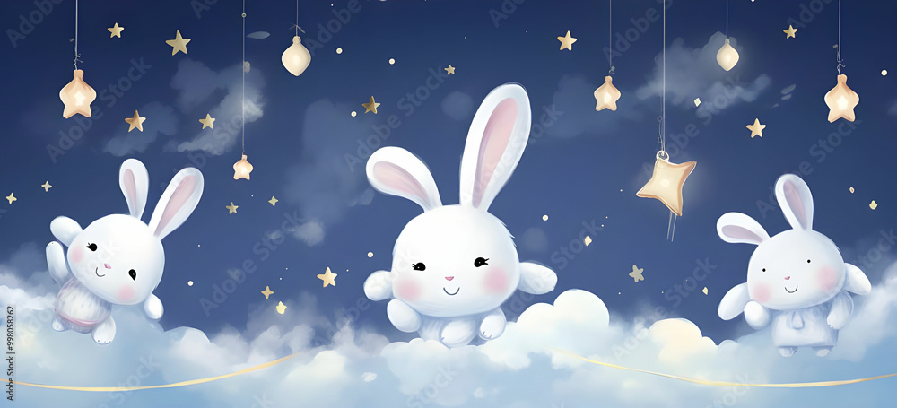 Paint cute smiling stars that accompany the baby rabbit on its flying adventure, creating a charming and friendly atmosphere Paint cute smiling stars that accompany the baby rabbit on its flying adventure, creating a charming and friendly atmosphere