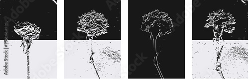 set of posters that says finesse, craftsmanship, technic, art. Posters with abstract flowers designs, isolated on black background. Modern vector design with texture