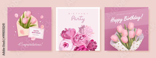 Set of happy birthday square greeting card, invitation, web banner, social media design template with realistic 3d tulip, envelope and hand drawn flowers. Vector illustration