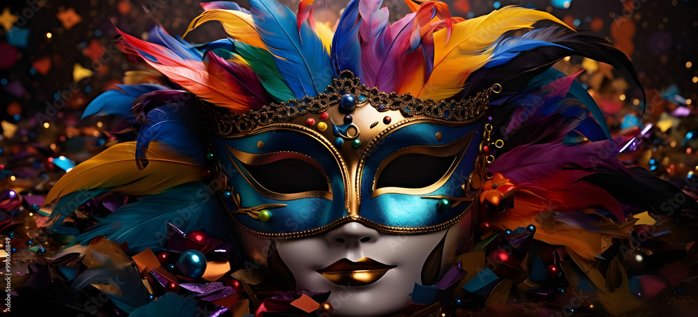 Fototapeta premium venetian carnival mask with sequins on wooden desk venetian carnival mask with sequins on wooden desk