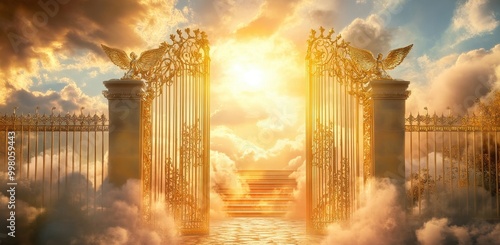 A golden, pearly gate opens onto heaven, with clouds in the background and stairs leading up. 