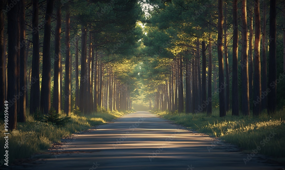 Fototapeta premium Peaceful Forest Road with Towering Pine Trees and Sunlight Filtering Through Leaves