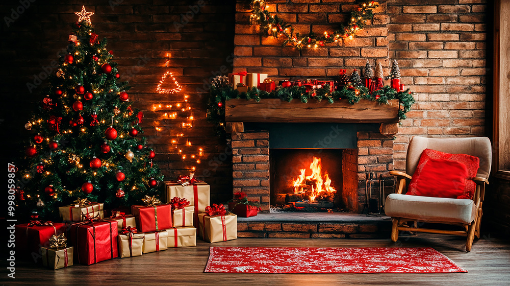 Cozy Christmas fireplace scene with presents and a Christmas tree in a photography studio with warm lights and night backdrop Cozy Christmas fireplace scene with presents and a Christmas tree in a photography studio with warm lights and night backdrop