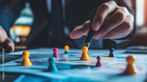 Businessman analyzes business marketing growth charts and strategizes with colorful pawns photo