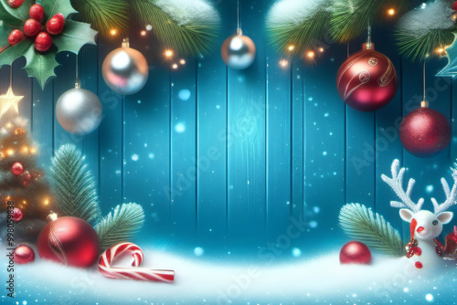 Postcard Christmas Background with Festive Ornaments in the Corners photo