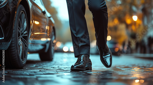 close up of man wearing black shoes stepping out from luxury car, business suit, blurry background, car on the left side of frame, photo