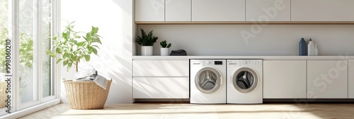 A clean and modern laundry room showcases built-in machines, minimalist cabinets, and a basket of laundry, illuminated by sunlight. Generative AI