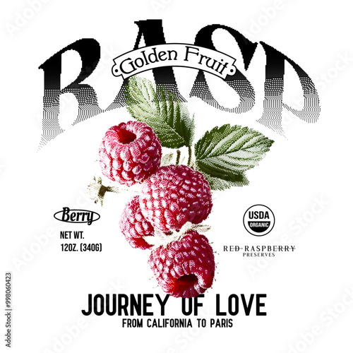 Nature fruit club print design. Fruit vintage t-shirt design. Organic berry food artwork for for t-shirt.  Organic fruit market. Fresh raspberry artwork.