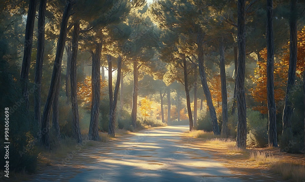 Fototapeta premium Peaceful Forest Road with Towering Pine Trees and Sunlight Filtering Through Leaves