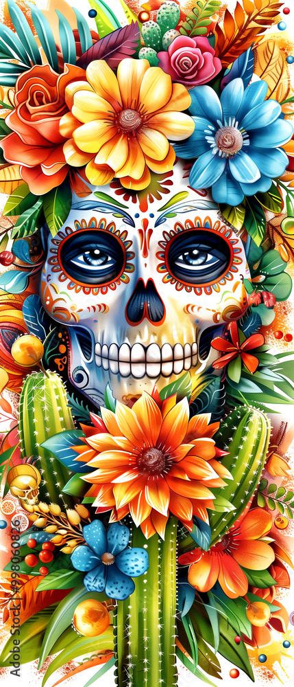 Naklejka premium A colorful flower arrangement with a skull in the middle. The skull is surrounded by flowers and leaves, and it has a bright and cheerful appearance