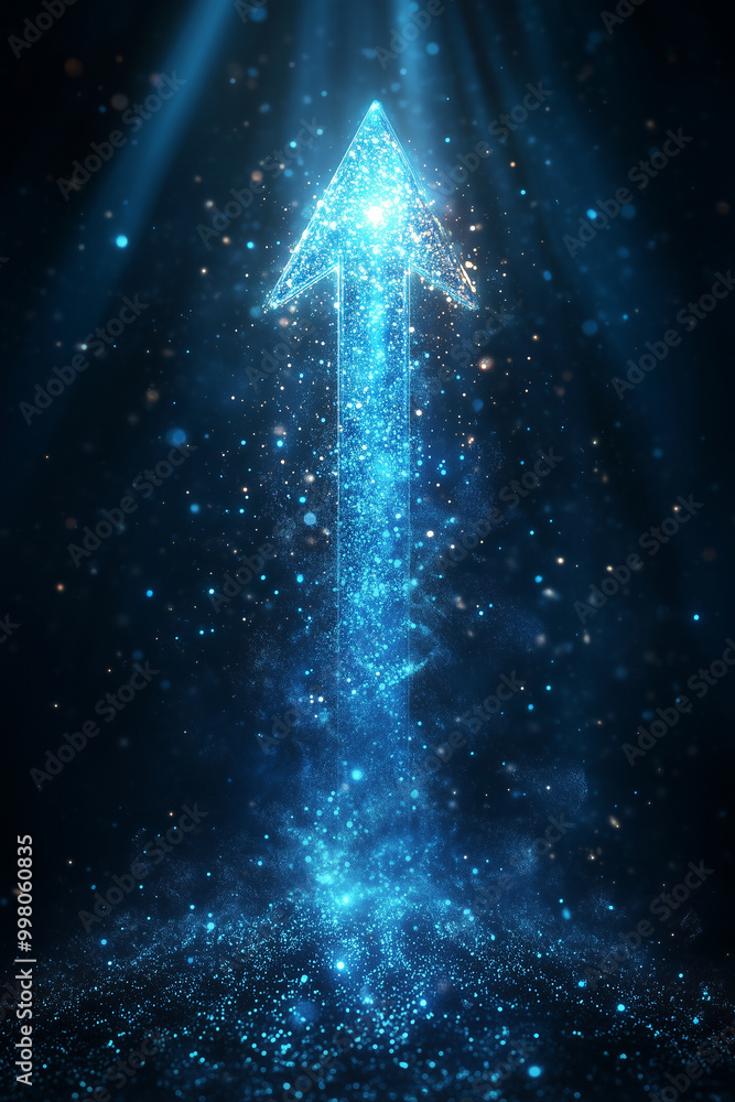 A glowing blue arrow pointing upwards, made of digital data particles, represents the upward trend in technology and business growth. The background is dark, with light rays shinin A glowing blue arrow pointing upwards, made of digital data particles, represents the upward trend in technology and business growth. The background is dark, with light rays shinin