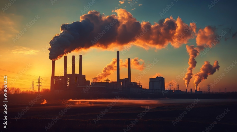 Industrial power plant emitting thick CO2 smoke from chimney. Industrial power plant emitting thick CO2 smoke from chimney.