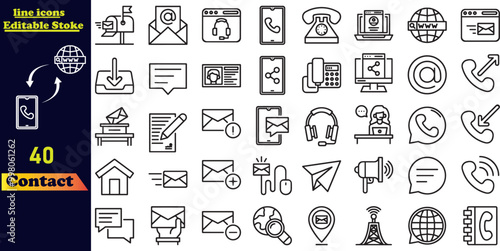 Contact stroke icon set featuring e-mail, phone, address, customer service, call, website, and more. Editable stroke vector icons collection.