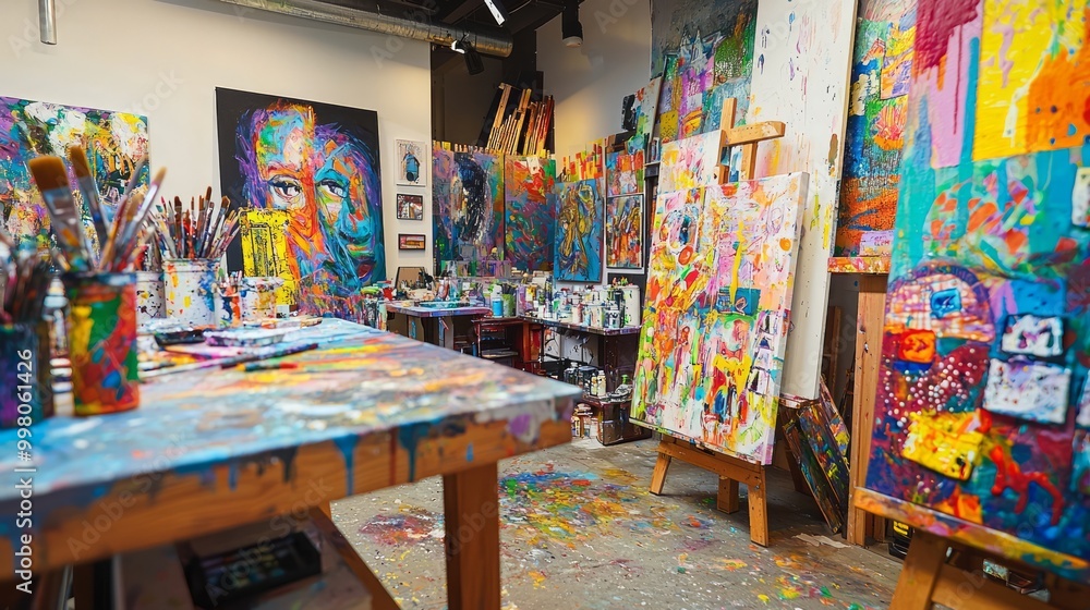 Fototapeta premium Creativity Unleashed: Vibrant Art Studio with Colorful Paintings and Creative Energy