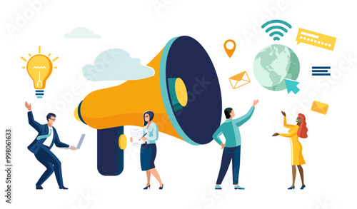 Promoting communication with customers, Sending important messages, Marketing activities with social media campaigns, Business marketing media. Advertising teams, or announcements with a megaphone