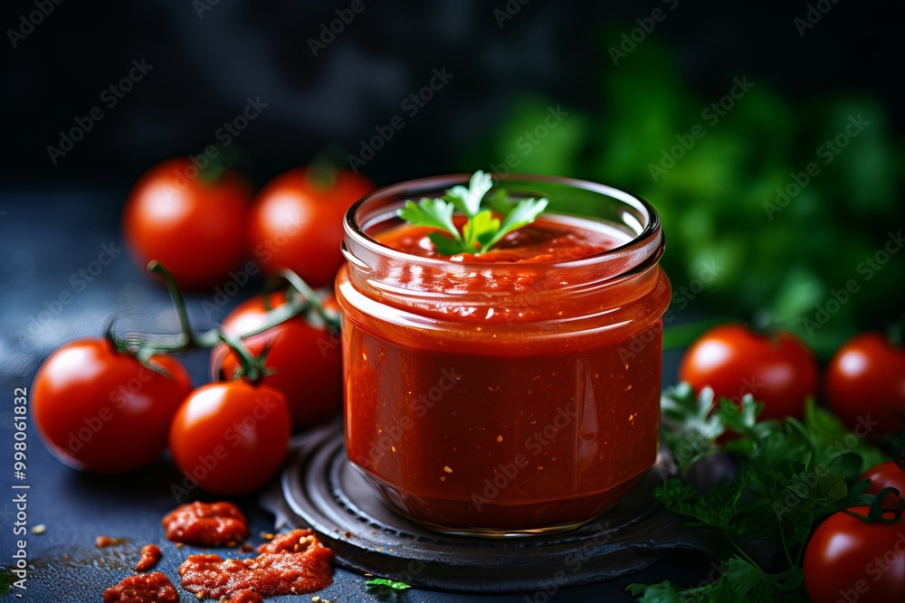 Fresh tomato sauce in a jar surrounded by ripe tomatoes and herbs on a dark background