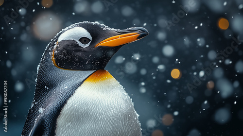 Wallpaper Mural A penguin with a yellow beak and white belly, an orange top on a dark background, with snow falling in the air Torontodigital.ca
