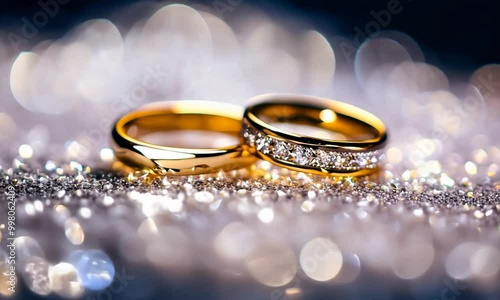 Macro of beautiful wedding rings on sparkling background