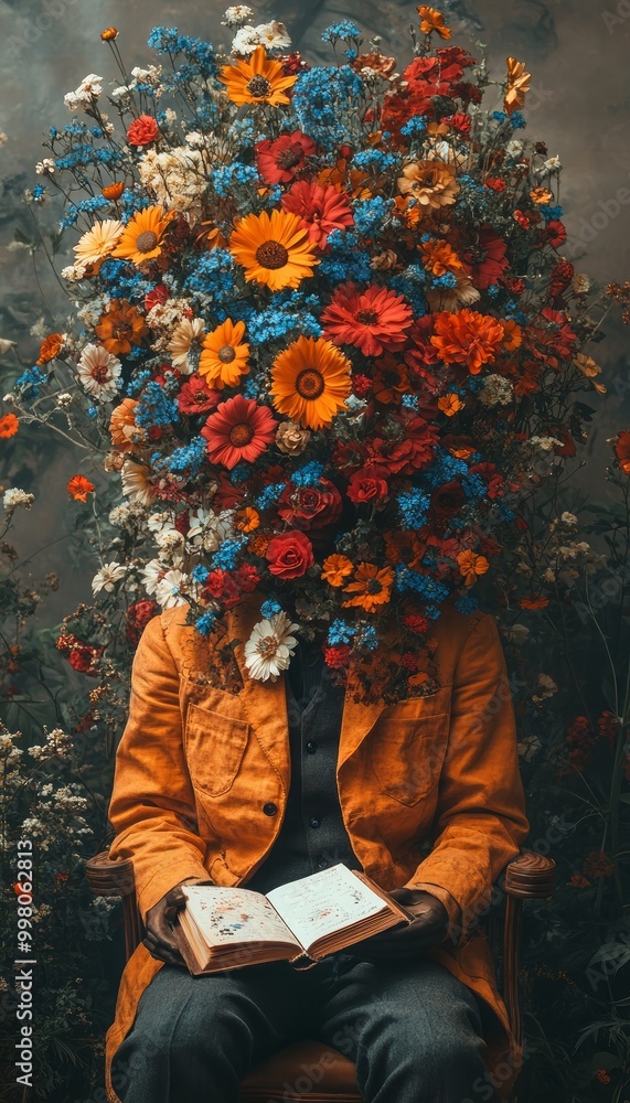Fototapeta premium A person with a floral head sits reading a book in a serene setting.