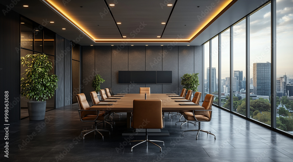 A large conference room with a long wooden table and leather chairs, floor-to-ceiling windows on the right side of the wall, a modern minimalist style interior design, ceiling ligh A large conference room with a long wooden table and leather chairs, floor-to-ceiling windows on the right side of the wall, a modern minimalist style interior design, ceiling ligh