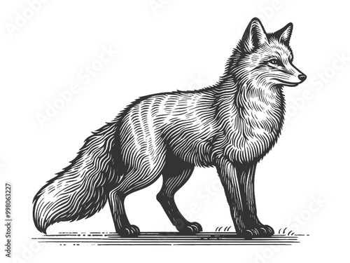 standing fox, natural grace and cunning in a classic engraving style sketch engraving generative ai vector illustration. Scratch board imitation. Black and white image.