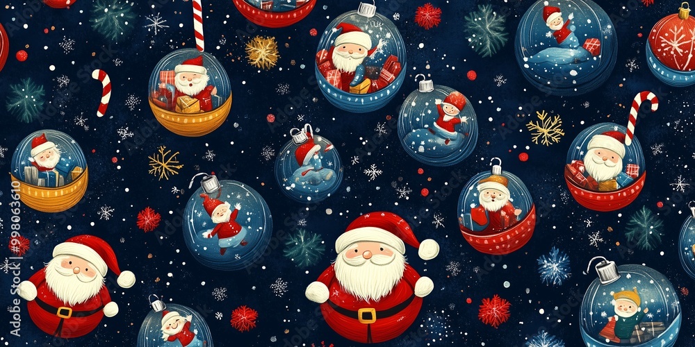 A joyful Christmas-themed illustration featuring multiple Santa Claus figures inside decorative ornaments. A joyful Christmas-themed illustration featuring multiple Santa Claus figures inside decorative ornaments.