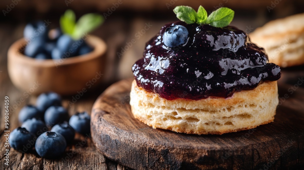 biscuit topped with juicy blueberry jam, perfect for a morning indulgence customize text on banner for a personalized touch biscuit topped with juicy blueberry jam, perfect for a morning indulgence customize text on banner for a personalized touch