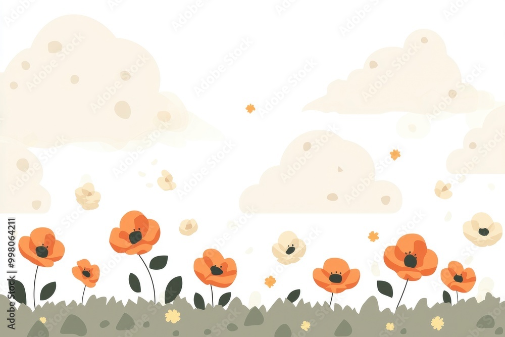 Fototapeta premium Orange Flowers and Clouds in a Whimsical Illustration