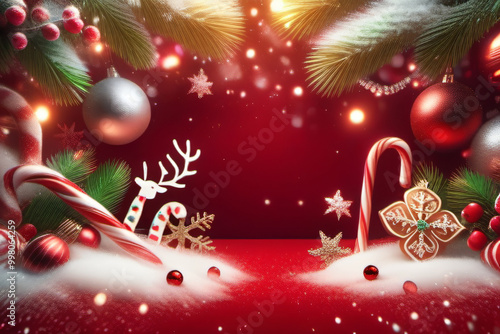 Postcard Christmas Background with Festive Ornaments in the Corners photo