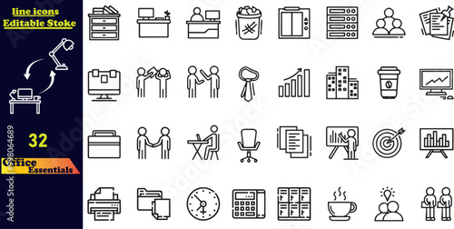 A simple set of office essentials vector stroke icons, including business meeting, workplace, office building, chair, files, clock, job, and more. Editable stroke icon collection.