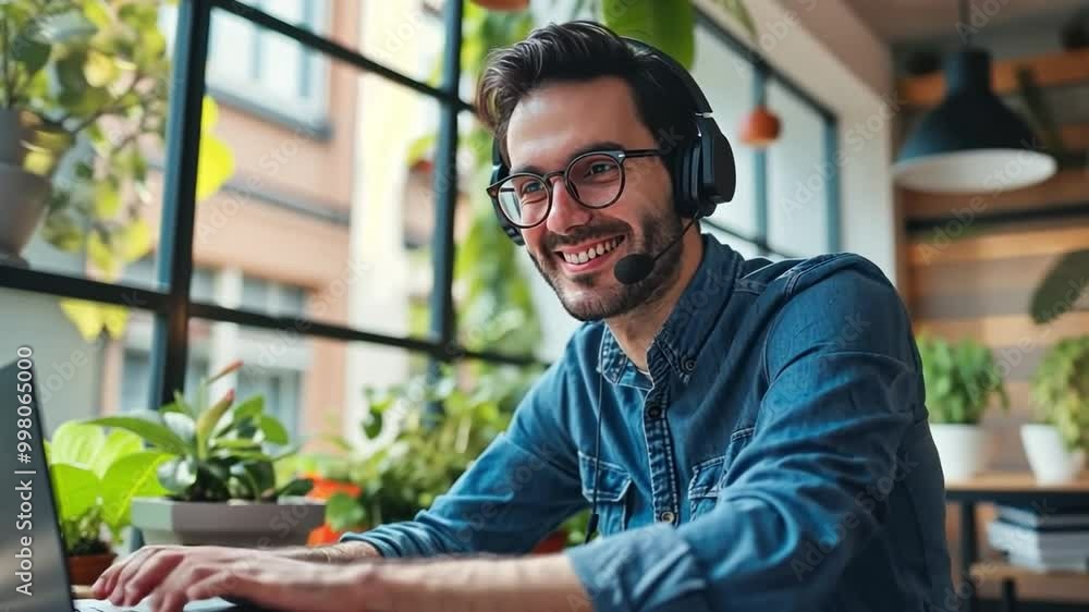 Young smart man wearing headphones talking on online chat meeting using a laptop at home Young smart man wearing headphones talking on online chat meeting using a laptop at home
