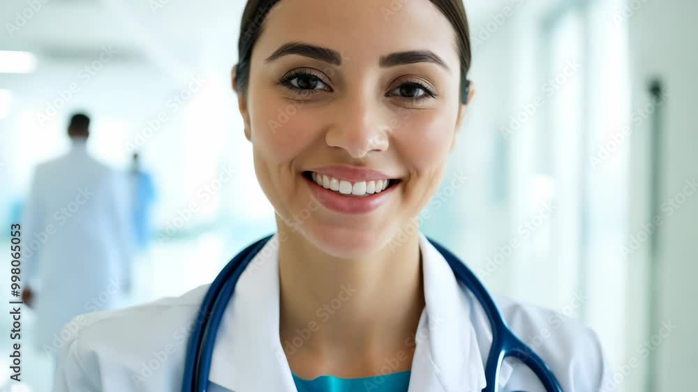 Young Hispanic Female Doctor Smiling Warmly in a Bright Hospital Hallway Young Hispanic Female Doctor Smiling Warmly in a Bright Hospital Hallway