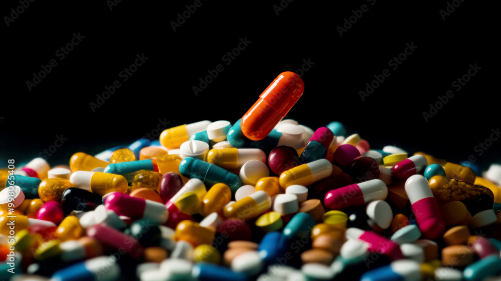 Colorful capsules and pills on a dark surface. Colorful capsules and pills on a dark surface.