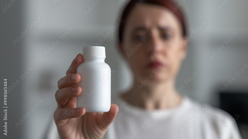 Woman holding small bottle of weight-loss pills, looking determined and focused in a minimalist, well-lit room with copy space for text. Woman holding small bottle of weight-loss pills, looking determined and focused in a minimalist, well-lit room with copy space for text.