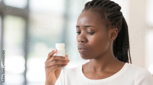 Woman holding small bottle of weight-loss pills, looking determined and focused in a minimalist, well-lit room with copy space for text. photo