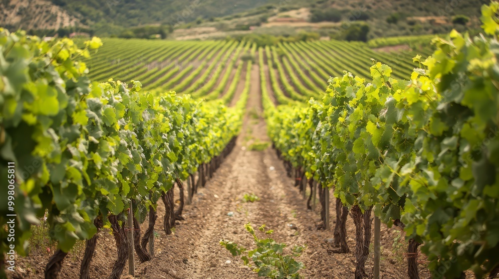 Serene Vineyard Landscape with Grapevines in Rows under Clear Sky - Tranquil Winemaking Scene Serene Vineyard Landscape with Grapevines in Rows under Clear Sky - Tranquil Winemaking Scene
