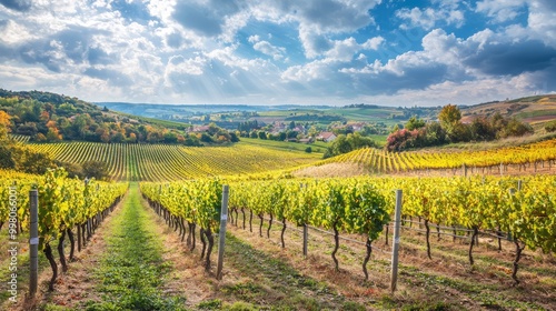 Serene Vineyard Landscape with Rows of Grapevines in the Afternoon Sun