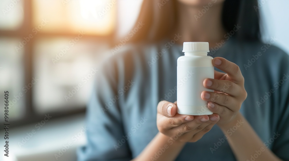 Woman holding small bottle of weight-loss pills, looking determined and focused in a minimalist, well-lit room with copy space for text. Woman holding small bottle of weight-loss pills, looking determined and focused in a minimalist, well-lit room with copy space for text.