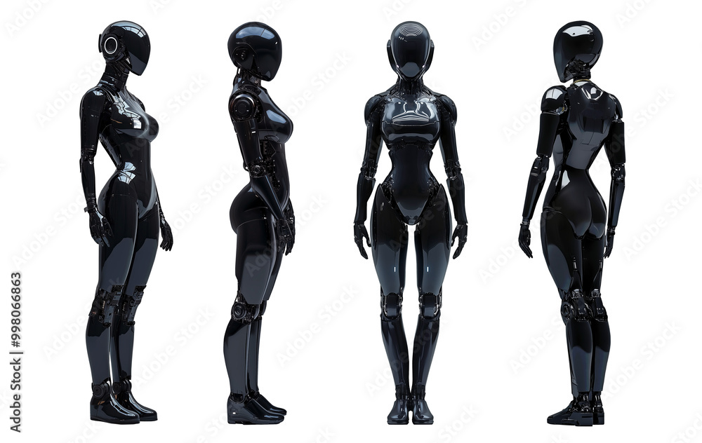 Different angles of android robot girl in cyberpunk style on isolated background Different angles of android robot girl in cyberpunk style on isolated background